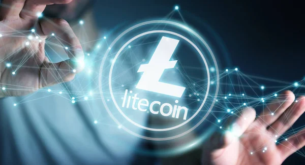 Şadamı Litecoins Cryptocurrency Rendering Kullanarak Arka Plan Bulanık Üzerinde — Stok fotoğraf