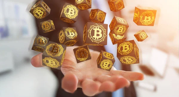 Empresario Sobre Fondo Borroso Utilizando Bitcoins Cryptocurrency Rendering — Foto de Stock
