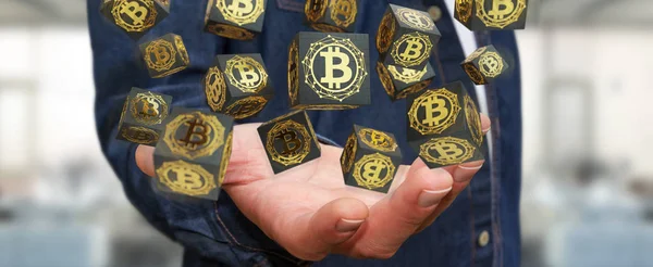 Empresário Fundo Desfocado Usando Bitcoins Criptomoeda Renderização — Fotografia de Stock