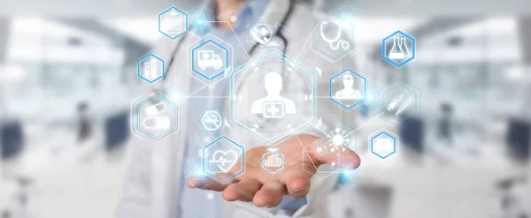 Läkare Suddig Bakgrund Med Digital Medicinsk Futuristiska Gränssnitt Rendering — Stockfoto