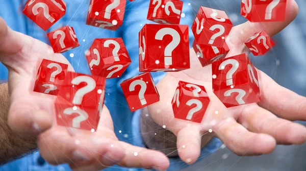 Businessman Blurred Background Using Cubes Rendering Question Marks — Stock Photo, Image