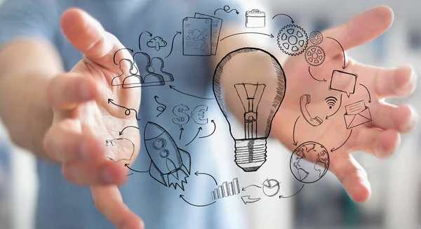 Elini tutarak işadamı ampul etrafında uçan Multimedya simgelerle elinde çizilmiş
