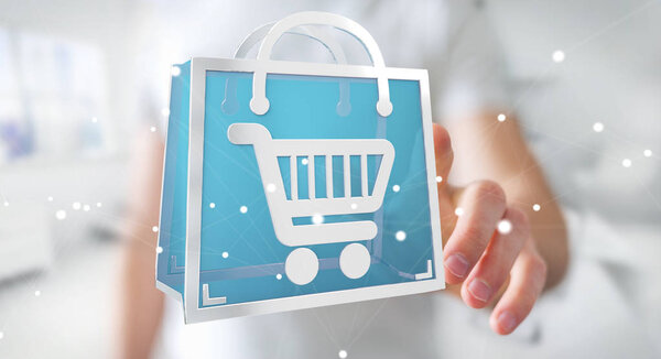 Бизнесмен на размытом фоне с помощью цифровых значков покупок 3D рендеринг
