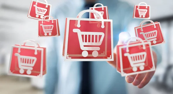 Geschäftsmann Auf Verschwommenem Hintergrund Mit Digitalen Shopping Icons Rendering — Stockfoto