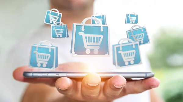 Businessman Blurred Background Using Digital Shopping Icons Rendering — Stock Photo, Image