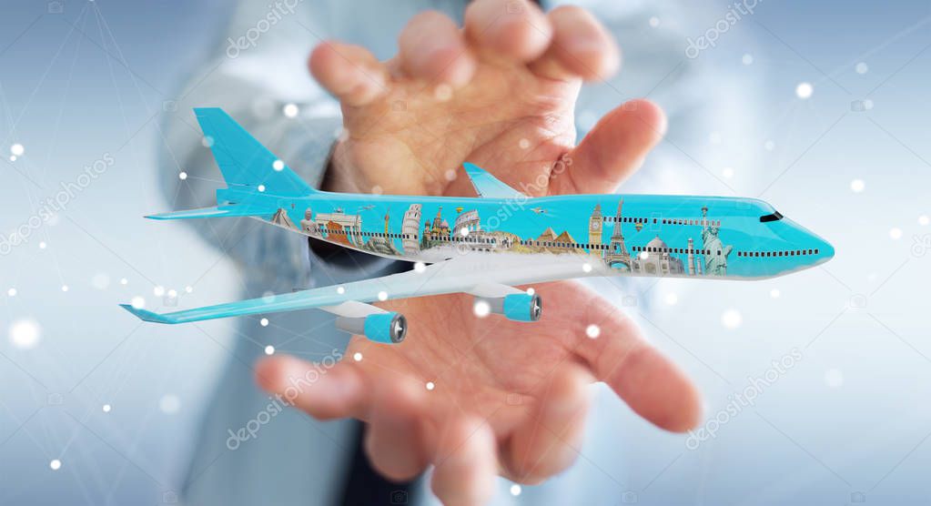 Businessman on blurred background with plane and famous landmarks of the world 3D rendering