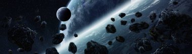 Nasa tarafından döşenmiş bu görüntünün alan 3d render öğelerindeki uzak güneş sistemindeki gezegenlerin panoramik görünüm