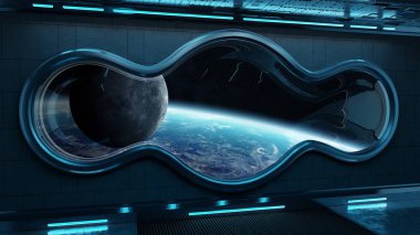 Siyah teknoloji uzay pencere iç gezegende manzaralı yuvarlak Earth 3d işleme öğeleri Nasa tarafından döşenmiş bu görüntünün