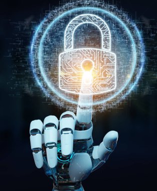 Onun veriler dijital güvenlik hologram 3d render ile koruma arka plan bulanık beyaz cyborg el