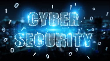 Siber güvenlik metin hologram mavi şehir arka plan 3d render