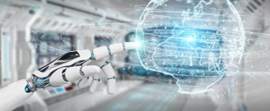 Dünya ağ hologram Europe harita 3d rendering ile kullanarak arka plan bulanık beyaz insansı el