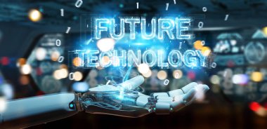 Beyaz robot el geleceğin teknolojisi metin hologram 3B oluşturmayı kullanarak arka plan bulanık üzerinde
