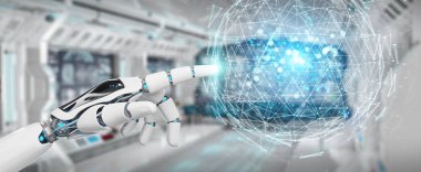 Beyaz robot el dijital üçgen küre hologram 3d render patlayan kullanarak arka plan bulanık üzerinde