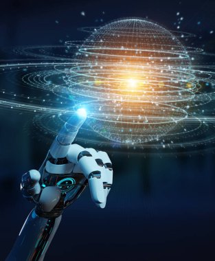 Beyaz robot el dijital küre bağlantısı hologram 3B oluşturmayı kullanarak arka plan bulanık üzerinde
