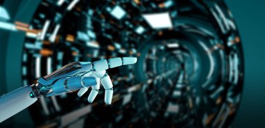 Beyaz cyborg uzay arka plan 3d render onun parmak işaret