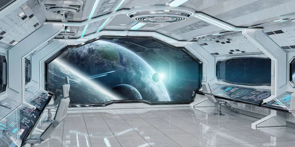 Blanco Limpio Interior Nave Espacial Con Vista Los Planetas Distantes — Foto de Stock