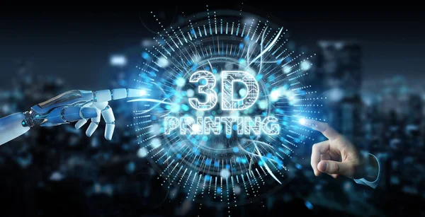 Robot white hand on blurred background using 3D printing digital hologram 3D rendering