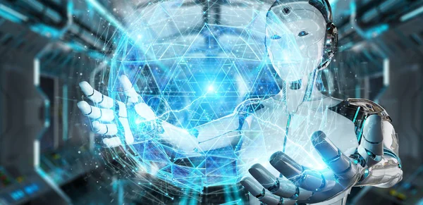 White robot woman on blurred background using digital sphere connection hologram 3D rendering