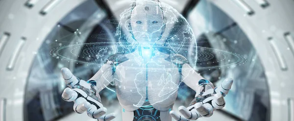 Kobieta Biały Robot Niewyraźne Tło Pomocą Kuli Ziemskiej Sieci Hologram — Zdjęcie stockowe