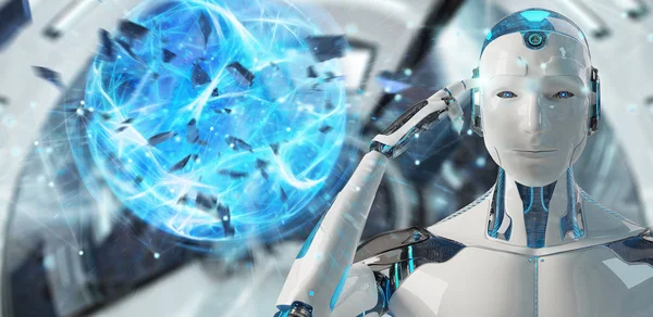 White Man Roboter Auf Verschwommenem Hintergrund Erzeugt Energie Ball Rendering — Stockfoto