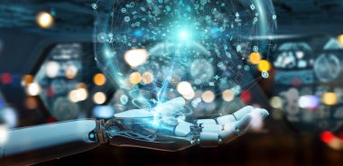 Beyaz insansı el dijital küresel ağ 3B oluşturmayı kullanarak arka plan bulanık üzerinde