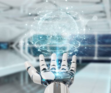 Beyaz cyborg el planet Earth arabirimi 3d rendering kullanarak arka plan bulanık üzerinde