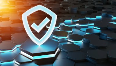 Altıgen yanarak bahislerin doğru arka plan 3d render üzerinde siyah mavi soyut kalkan kutsal kişilerin resmi