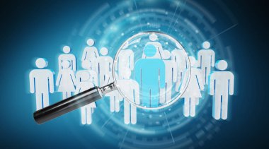 Büyüteç insanlar illüstrasyon mavi arka plan 3d render üzerinde recruiting