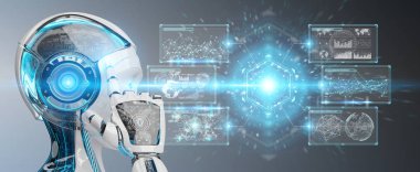 Dijital veriler arabirimi 3d rendering kullanarak bulanık arka plan üzerinde beyaz kadın cyborg