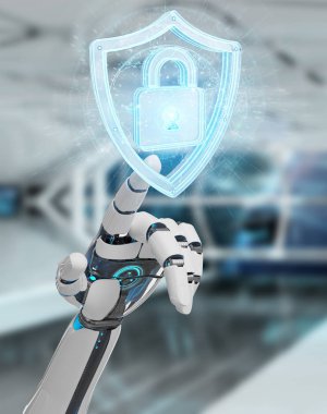 Beyaz insansı el web güvenlik 3B oluşturmayı kullanarak arka plan bulanık üzerinde