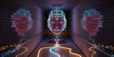 Mavi turuncu ve pembe cyborg hologram bir metro iç 3d render tarassut