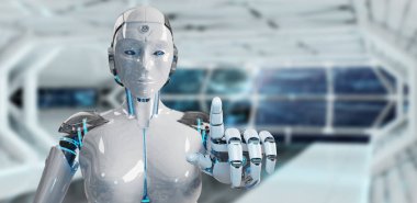 Beyaz kadın robot uzay arka plan 3d render onun parmak işaret