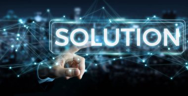 İşadamı çözüm dijital metin 3d rendering kullanarak arka plan bulanık üzerinde