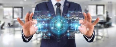 Robotik Kol ile dijital ekran 3d rendering kullanarak arka plan bulanık üzerinde işadamı