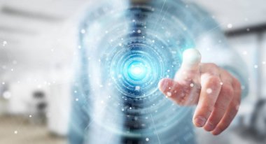 Dijital Ağ Bağlantısı arabirimi 3d rendering kullanarak arka plan bulanık üzerinde işadamı