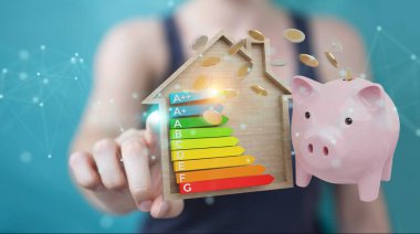 İşkadını iyi enerji grafik rating 3d render ile para tasarrufu bulanık arka plan üzerinde