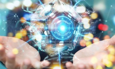 İşkadını fütüristik uçağı güvenlik kamera 3B oluşturmayı kullanarak arka plan bulanık üzerinde