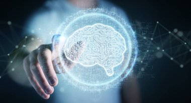 İşadamı dijital yapay zeka simgesi hologram 3B oluşturmayı kullanarak arka plan bulanık üzerinde