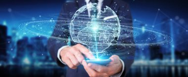İşadamı üzerinde küre ağ hologram Avrupa ile harita 3B oluşturmayı kullanarak arka plan bulanık