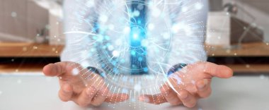 İşadamı dijital göz gözetim hologram 3B oluşturmayı kullanarak arka plan bulanık üzerinde