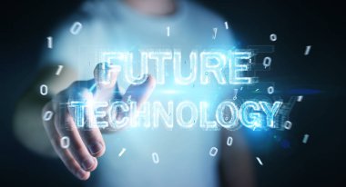 Geleceğin teknolojisi metin arabirimi 3d rendering kullanarak arka plan bulanık üzerinde işadamı