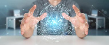 İşadamı dijital üçgen küre hologram 3d render patlayan kullanarak arka plan bulanık üzerinde
