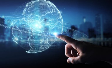 İşadamı üzerinde küre ağ hologram Amerika ABD harita 3d render ile kullanarak arka plan bulanık