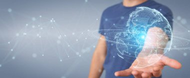 İşadamı üzerinde küre ağ hologram Amerika ABD harita 3d render ile kullanarak arka plan bulanık