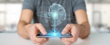 İşadamı üzerinde küre ağ hologram Amerika ABD harita 3d render ile kullanarak arka plan bulanık