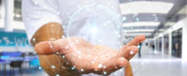 Planet earth ağ küre arabirimi 3d rendering kullanarak arka plan bulanık üzerinde işadamı