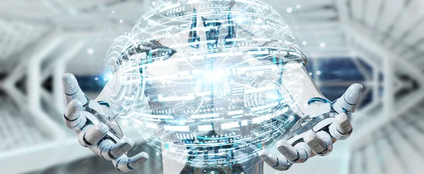 Vita Manliga Robot Suddig Bakgrund Med Hjälp Digital Globe Hud — Stockfoto