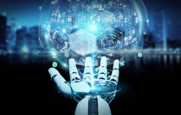 Weiße Cyborg Hand Auf Verschwommenem Hintergrund Mit Digitalem Chart Interface — Stockfoto