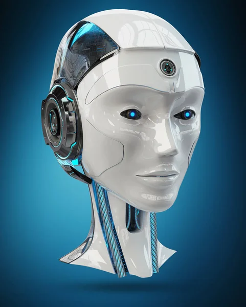 Cyborg Testa Intelligenza Artificiale Isolato Sfondo Blu Rendering — Foto Stock