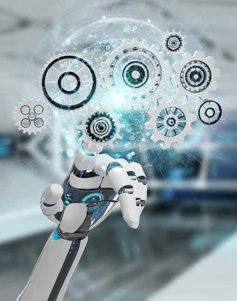 Mano Blanca Del Robot Humanoide Sobre Fondo Borroso Usando Engranajes — Foto de Stock